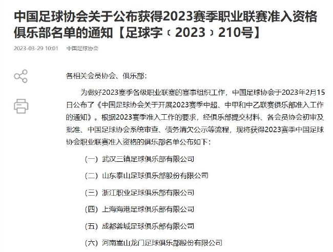 足协公布2023职业联赛准入资格俱乐部名单