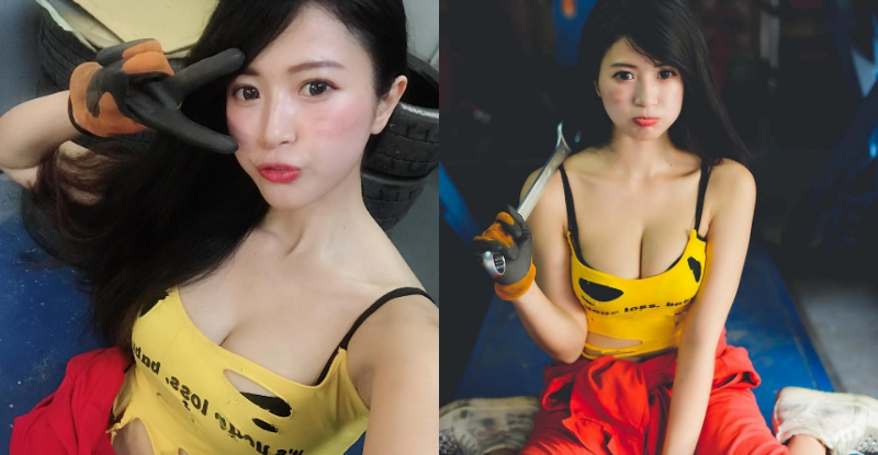 【博狗扑克】甜美可愛「黑手正妹」不會修車只會賣萌！爆乳身材太性感讓人無法招架！