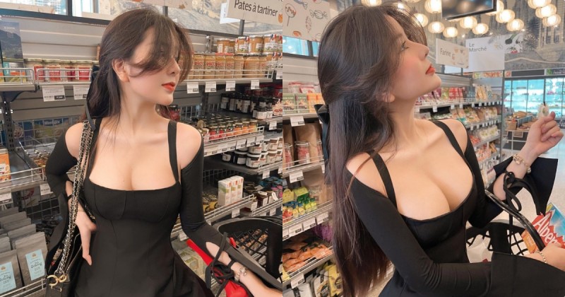 【博狗扑克】人氣甜心「超市採買有夠低胸」，「超兇黑色洋裝」讓客人都暈了！