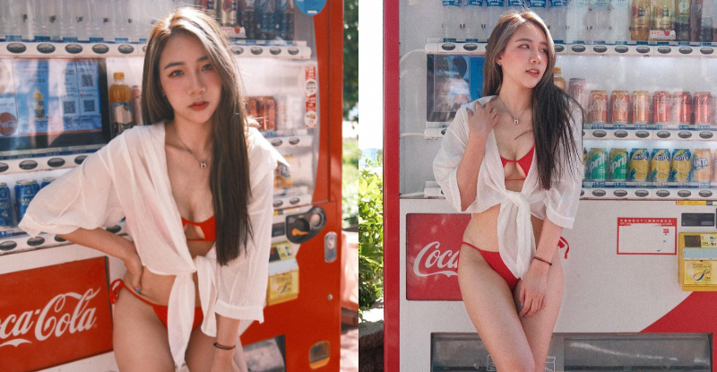 【博狗扑克】「比基尼辣妹」乳擋販賣機，「彈嫩猛溝」讓人超想來杯厚奶茶！