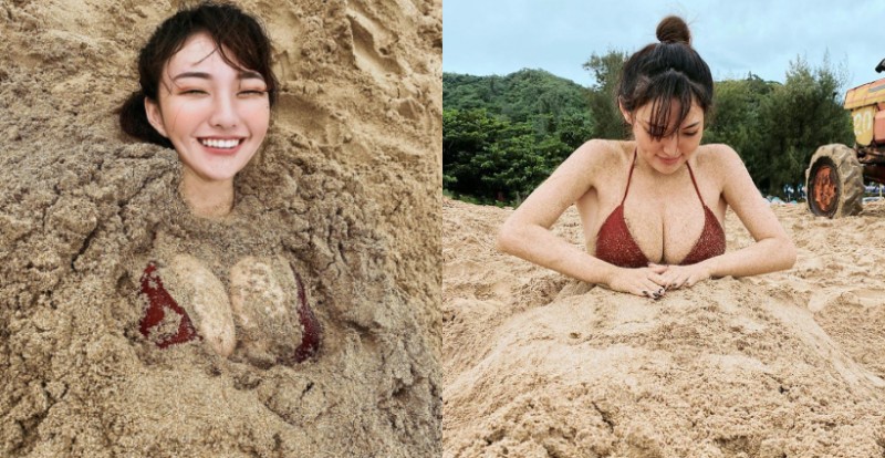 【博狗扑克】沙子也埋不住「Donna 奶妹」胸前雄偉的兩粒　豪邁乳量攻佔海岸線