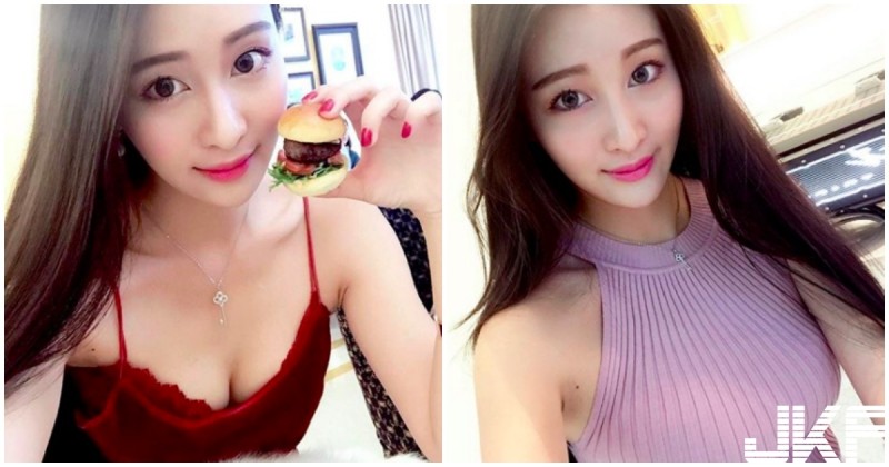 【博狗扑克】正妹穿火辣深V裝吃漢堡，酥胸一露就好傲人啊！