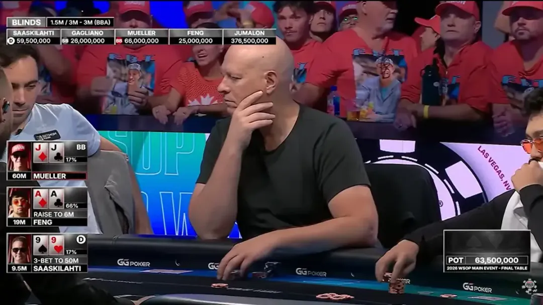 【EV扑克】决赛桌AA撞99,JJ为何秒弃?WSOP主赛第五名出局手牌深度解析